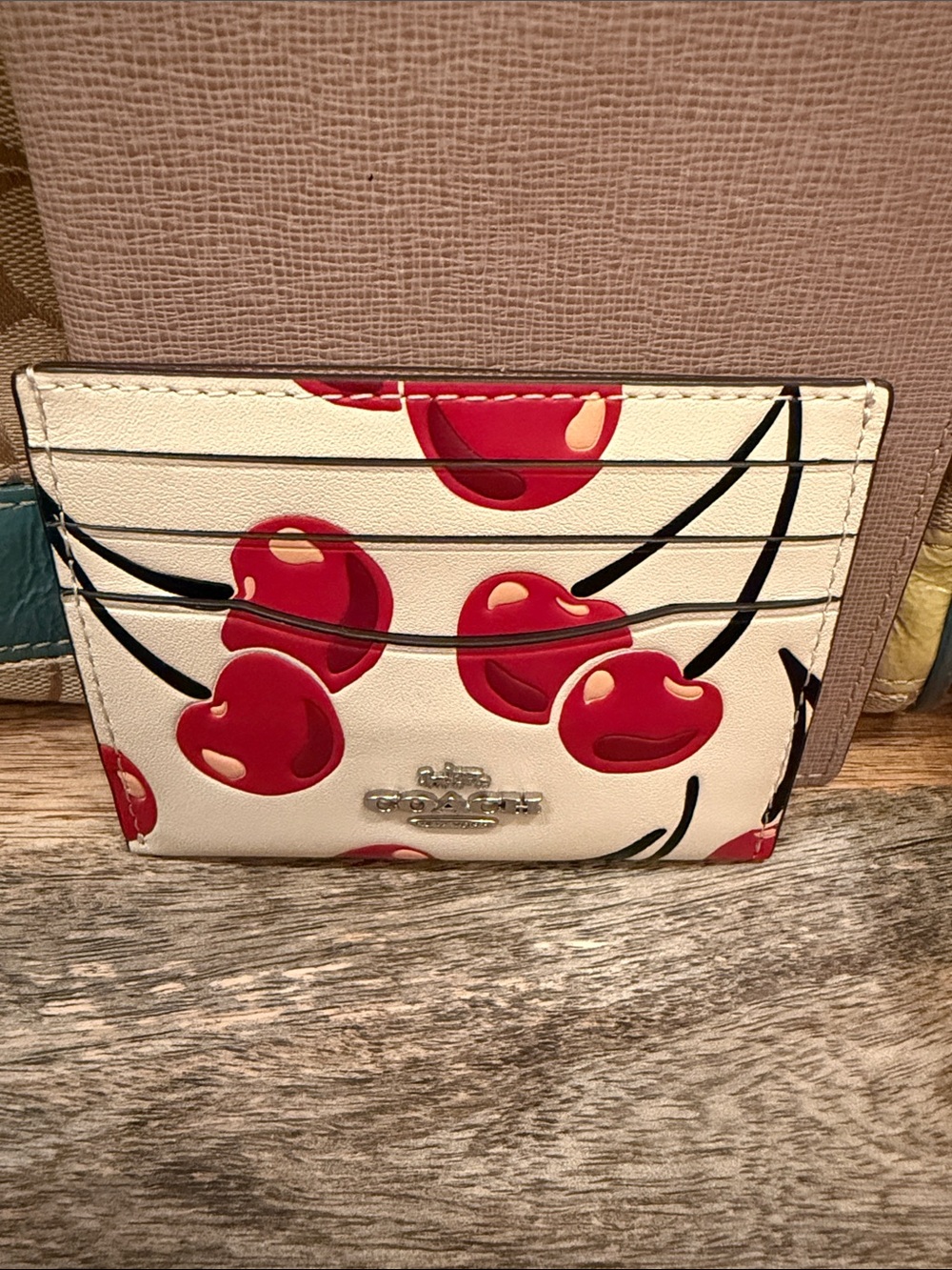 NWOT Coach Cherry Print Card Holder - Cream with Red Cherries